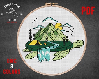 Turtle cross stitch pattern Modern cross stitch landscape mountain Tattoo cross stitch Nature scape embroidery design