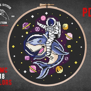 Astronaut on Shark cross stitch pattern Animal embroidery Space galaxy theme cross stitch Fish xstitch Kids room wall decor