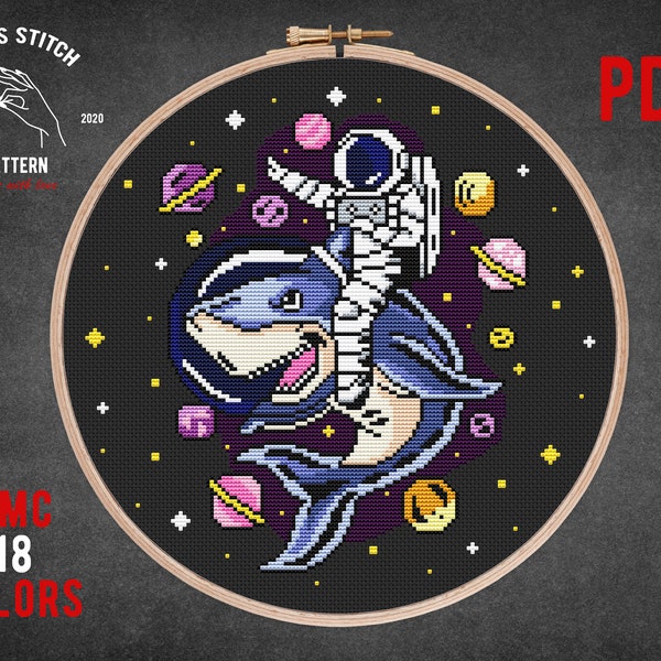 Astronaut on Shark cross stitch pattern Animal embroidery Space galaxy theme cross stitch Fish xstitch Kids room wall decor