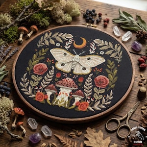 Insect Cross Stitch Pattern PDF, White Moth Embroidery Chart, Witchy Moon Garden Needlework Design