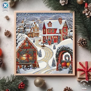 May include: A cross stitch pattern depicting a winter village scene with snow-covered houses, a winding path, and a festive wreath. The houses are decorated with red and white accents, and the scene is illuminated by twinkling lights.