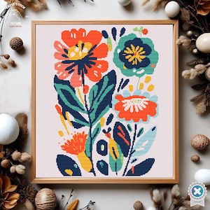 Kreuzstich Stickmuster mit Pflanzenmotiv, modernes Blumendesign, lebendige Stickerei, DIY Kit, kräftige Blumenwandkunst, bunte botanische Dekorationswandkunstkarte