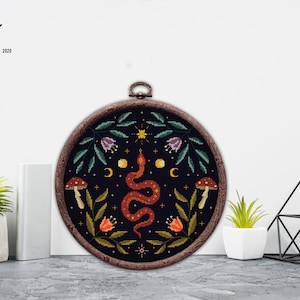 Snake cross stitch Witchy reptile embroidery Satanic cross stitch Gothic cross stitch Floral Serpent Occult cross stitch Moon embroidery pdf image 6
