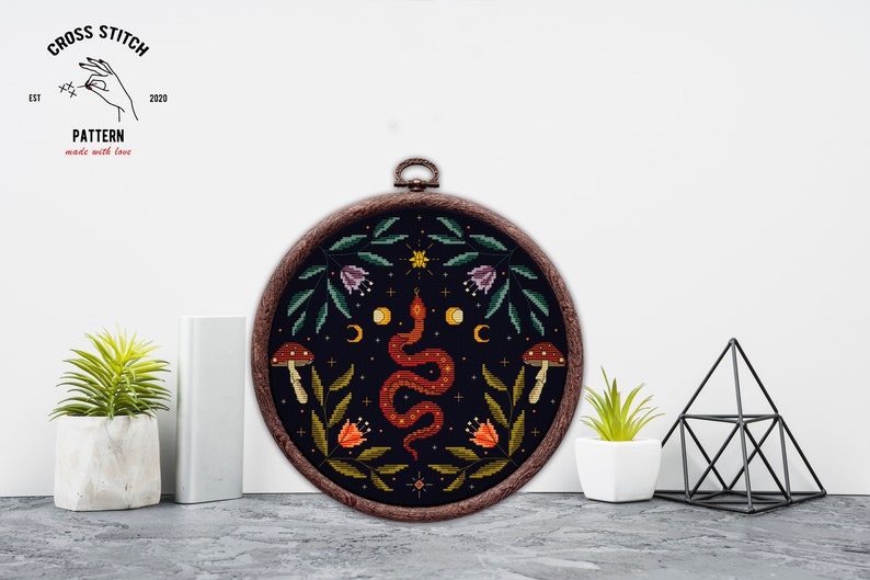 Snake cross stitch Witchy reptile embroidery Satanic cross stitch Gothic cross stitch Floral Serpent Occult cross stitch Moon embroidery pdf image 6