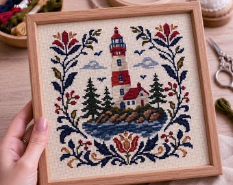 Kruissteekpatroon vuurtoren: Scandinavische volkskunstborduurwerk, nautisch kustdecor (pdf-patroon)