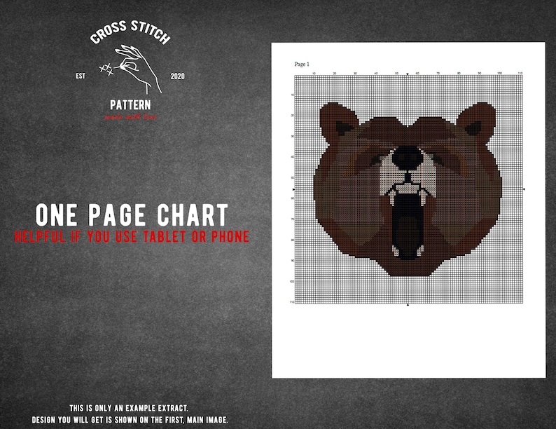 May include: A cross stitch pattern chart for a brown bear with an open mouth. The chart is on a white background with a grid pattern. The text "One Page Chart" is at the top of the chart. The text "Helpful if you use tablet or phone" is below the chart.