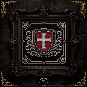 Cross Shield Cross Stitch Pattern Medieval Knights Templar Crest Embroidery Dark Fantasy Heraldic Victorian Gothic Decor Instant Download
