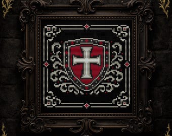 Padrão de Ponto Cruz Escudo Medieval Brasão dos Cavaleiros Templários Bordado Fantasia Sombria Heráldica Vitoriana Gótica Download Instantâneo