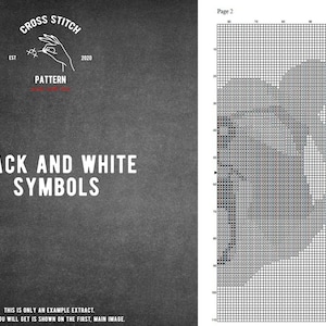 May include: Black and white cross stitch pattern with the text "Cross Stitch Pattern" and "Black and White Symbols". The pattern is a close-up of a hand holding a needle and thread.
