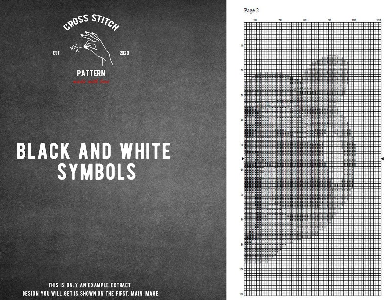 May include: Black and white cross stitch pattern with the text "Cross Stitch Pattern" and "Black and White Symbols". The pattern is a close-up of a hand holding a needle and thread.