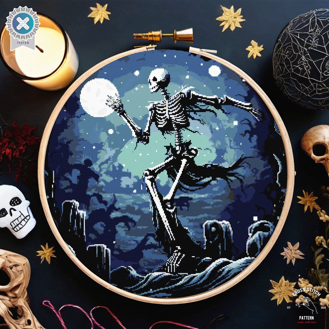 Skeleton Cross-stitch Pattern Haunted Graveyard Halloween Cross Stitch ...