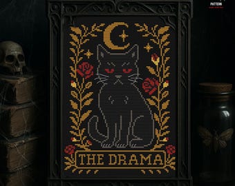 Gothic Black Cat counted Cross Stitch Pattern, Witchy Tarot Embroidery, Occult Moon Cat, Spooky Dark Cottagecore (PDF chart)
