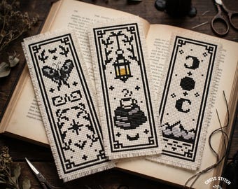 Gotische bladwijzerset met kruissteekpatronen: maanvlinderboek Witchy-borduurwerk (pdf-patroon)