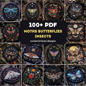 Könnte beinhalten: Eine Sammlung von über 100 PDF-Kreuzstichmustern mit Motiven von Motten, Schmetterlingen und Insekten auf schwarzem Stoff. Die Designs zeigen verschiedene geflügelte Kreaturen, himmlische Elemente und botanische Details als digitale Vorlagen.