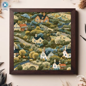 Village cross stitch pattern River and houses Nature Landscape cross stitch folk art town Modern farmhouse cottagecore Full coverage chart