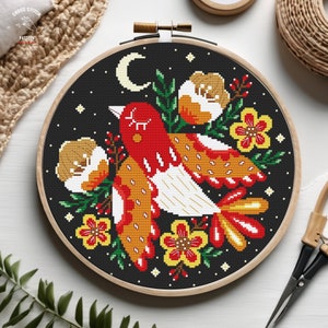 Modèle de point de croix oiseau folklorique Point de croix scandinave Point de croix nordique Broderie folklorique Ornement polonais Floral Point de croix moderne