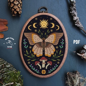 Moth cross stitch pattern Gothic cross stitch Mushroom cross stitch Cottagecore embroidery Witchy cross stitch Insect embroidery Moon Phase