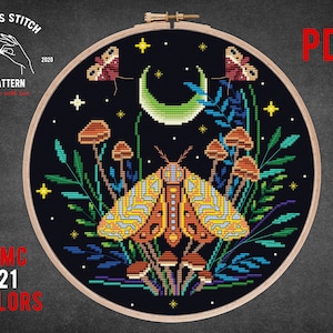 Moth cross stitch pattern Insect cross stitch Witchy cross stitch Gothic cross stitch Mushroom theme Cottagecore decor Moon Phase embroidery