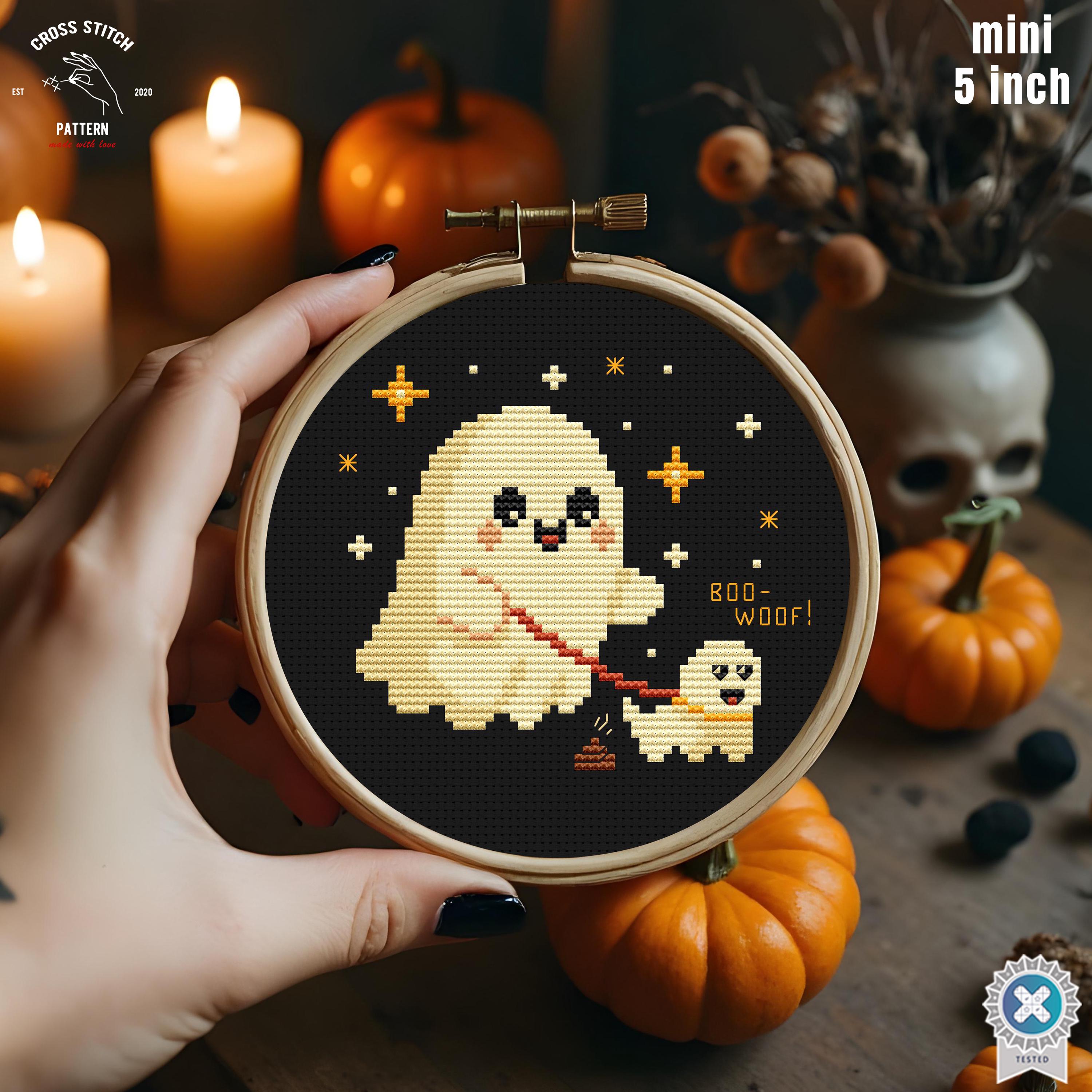 Tiny Halloween Cross Stitch Pattern Funny Ghost Walking Dog Embroidery ...