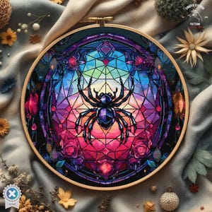 Könnte beinhalten: Ein Kreuzstichmuster mit einem bunten Spinnennetz mit einer schwarzen Spinne in der Mitte. Das Netz ist von Blumen und Blättern umgeben. Das Muster ist in einem Holzreifen gerahmt.