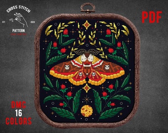 Patrón de punto de cruz de polilla, bordado de insectos, punto de cruz de brujas, bordado cottagecore, punto de cruz de hongos, punto de cruz gótico, artesanía de brujas