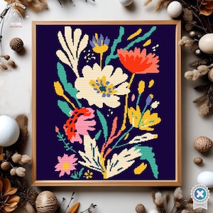 Kreuzstich Stickmuster mit Pflanzenmotiv, modernes Blumendesign, lebendige Stickerei, DIY Kit, kräftige Blumenwandkunst, bunte botanische Dekorationswandkunstkarte
