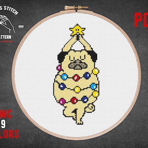 May include: Cross stitch pattern featuring a pug dog dressed as a Christmas tree. The pug is wearing a yellow star on its head and is decorated with colorful lights. The pattern uses 9 colors and is available as a PDF download.  "Cross Stitch Pattern" and "DMC 9 Colors" are written on the image.