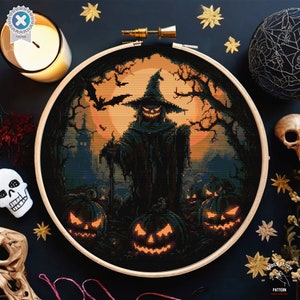 Halloween Scarecrow cross stitch pattern Spooky cross stitch Bat cross stitch Pumpkin cross stitch Creepy jack o lantern Horror embroidery