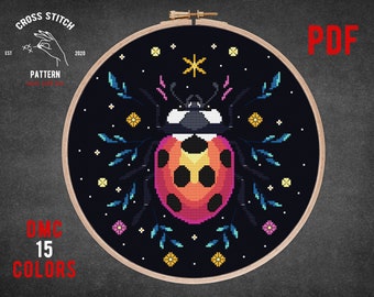 Lady bug cross stitch pattern Modern cross stitch Insect embroidery Witchy chart Moon phase stitch Gothic flower Ornament Home Village decor