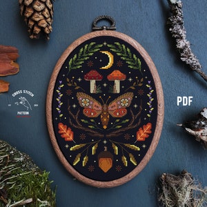 Moth cross stitch pattern Mushroom cross stitch Witchy cross stitch Gothic cross stitch Insect embroidery Cottagecore embroidery Moon Phase