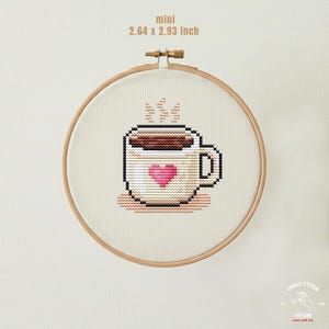 Mini Coffee Cup Cross Stitch Pattern PDF, Easy Beginner Embroidery, Small Cute Mug with Heart, Kawaii Quick Stitch Design Instant Download image 4