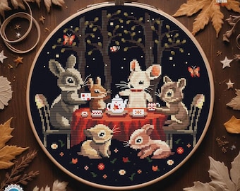 Woodland Animals Cross Stitch Pattern Tea Party Embroidery Design with Rabbit Mouse Squirrel Enchanted Forest Night Stitch Chart Storybook