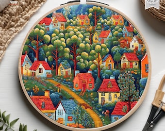 Colorful Village Houses cross stitch pattern Folk art town Floral cottage embroidery City Forest Landscape cross stitch Nature cottagecore