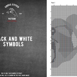 May include: Black and white cross stitch pattern with the text "Cross Stitch Pattern" and "Black and White Symbols". The pattern is a hand holding a needle and thread.