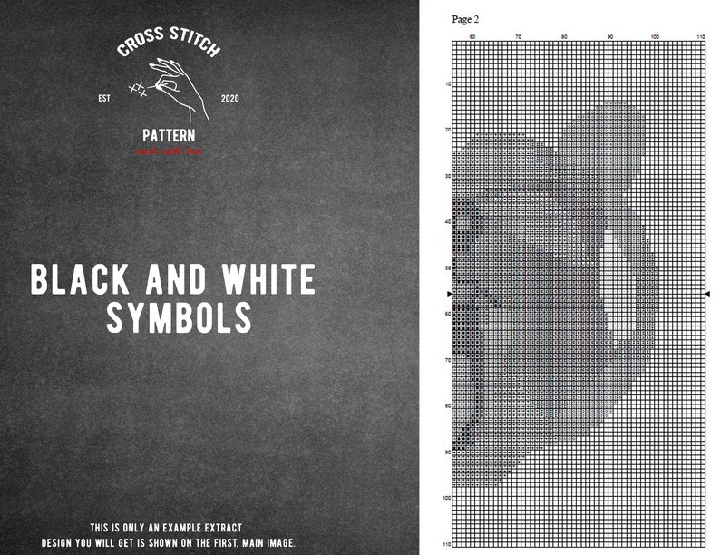 May include: Black and white cross stitch pattern with the text "Cross Stitch Pattern" and "Black and White Symbols". The pattern is a hand holding a needle and thread.