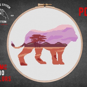 Löwe Silhouette Kreuzstich Stickmuster Safari Stickvorlage Afrikanische Tiere xstitch Savannah Silhouette Wilde Landschaft Karte Kinderzimmer Wanddeko