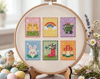 Gráfico de ponto cruz de selos postais de primavera, desenhos de bordado de coelho, pintinho, flor, cogumelo e jardim, mini gráfico de selos postais em PDF