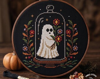 Ghost in Jar Cross Stitch Pattern: Cottagecore Halloween Floral Design (PDF Pattern)