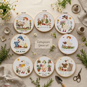 May include: A collection of nine cross-stitch embroidery hoops featuring goose characters in various cottagecore scenes. Each hoop has a wooden frame and depicts geese engaged in activities like gardening, reading, and enjoying tea. The text "Cottagecore Goose set" is in the center.