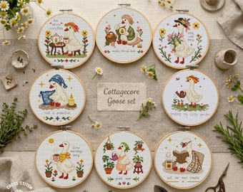 Bundel grappige gans: 8 Cottagecore-citaatpatronen met miniborduurwerk (pdf)