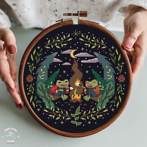 Camping Frog cross stitch pattern Creepy Cute Toad cross stitch Witchy cross stitch Cottagecore embroidery Gothic Mushroom Funny xstitch