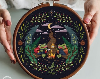 Camping Frog cross stitch pattern Creepy Cute Toad cross stitch Witchy cross stitch Cottagecore embroidery Gothic Mushroom Funny xstitch