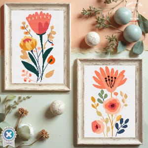 Padrão de ponto cruz de plantas, design floral moderno, bordado vibrante, kit faça você mesmo, arte de parede com flores ousadas, gráfico de arte de parede com decoração botânica colorida