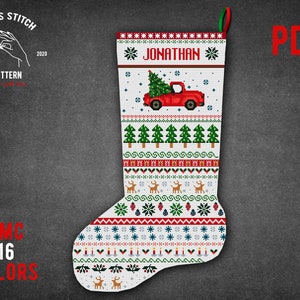 Chaussette de Noël point de croix motif camion DIY personnalisable avec prénom Décoration de Noël broderie Scandinave Cadeau de vacances