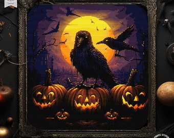 ハロウィンのカラスのクロスステッチパターン、不気味なクロスステッチ、コウモリのクロスステッチ、カボチャのクロスステッチ、幽霊の刺繍、不気味な城のジャックオーランタン