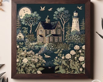Village houses cross stitch pattern Vintage Cottage Night scene House and Lighthouse chart Landscape cross stitch Full coverage cross stitch