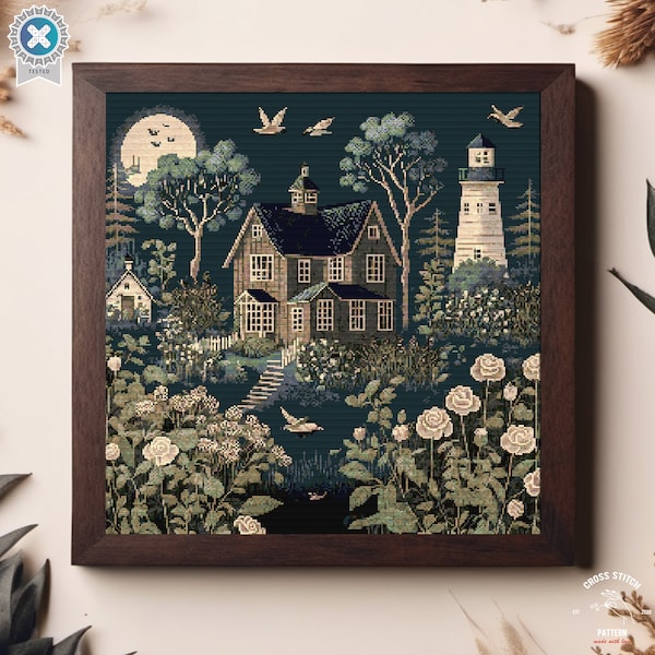 Schema punto croce case di villaggio Cottage vintage Scena notturna Schema casa e faro Punto croce paesaggio Punto croce a copertura totale