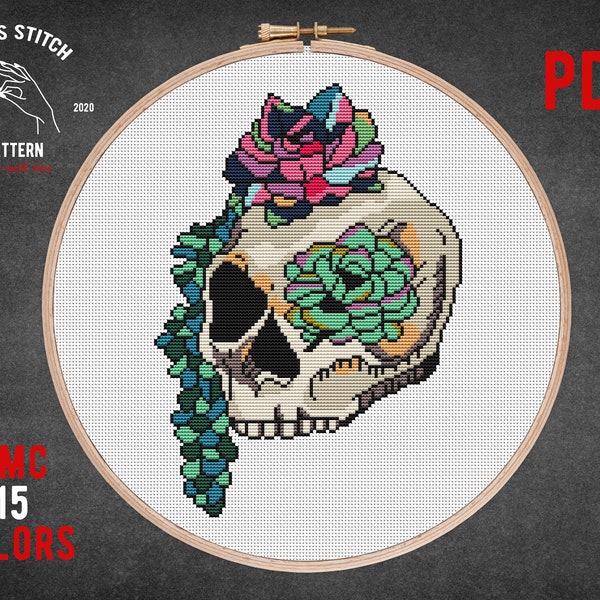 Succulent Skull cross stitch pattern Human anatomy counted x stitch House plant embroidery hanging homely plants chart Gothic embroidery pdf