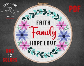 Quotes cross stitch pattern Text cross stitch flower border counted Family cross stitch funny embroidery design flower wreath Diy Home decor