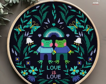 May include: Cross-stitch embroidery in a wooden hoop. The design features two green frogs holding hands, a rainbow, butterflies, and the text "LOVE IS LOVE" on a dark blue background. The design is surrounded by green foliage and flowers.